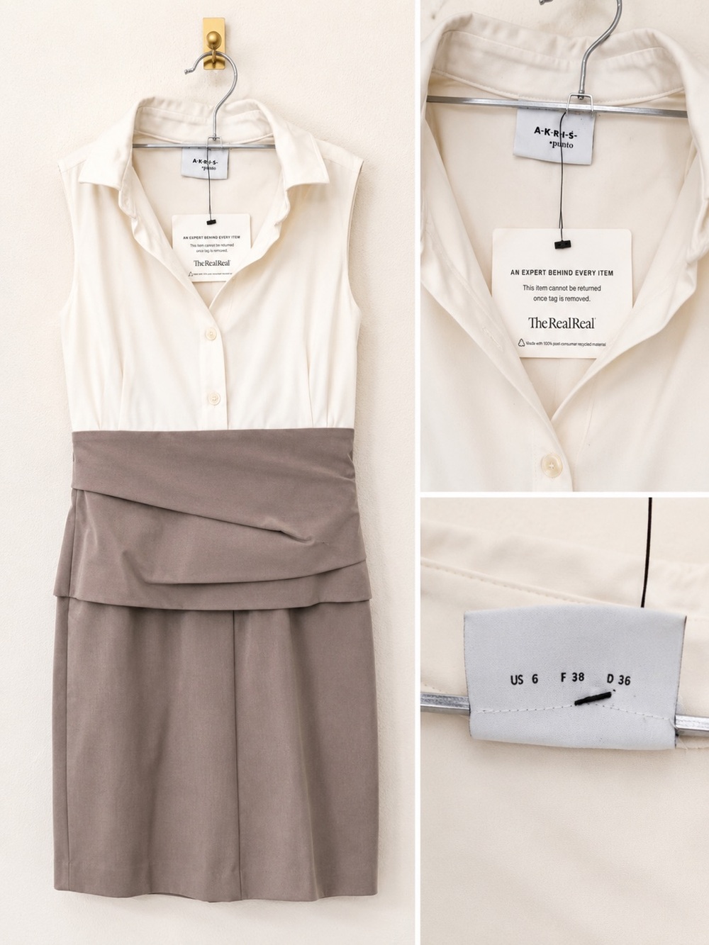 Akris Punto Ivory & Taupe Sleeveless Collared Sheath Dress Minimalist Luxury - Picture 3 of 5